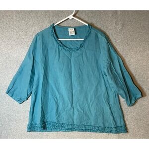 Matchpoint‎ Linen Top Womens Small Teal Pre-Shrunk 3/4 Sleeve Ruffle